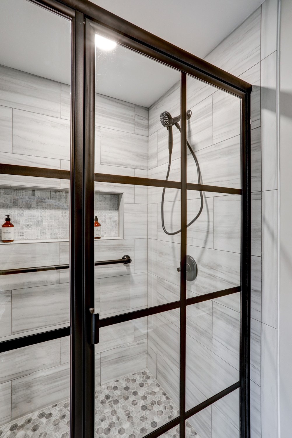 Matt Black Grid Shower doors in Manheim Township Bathroom