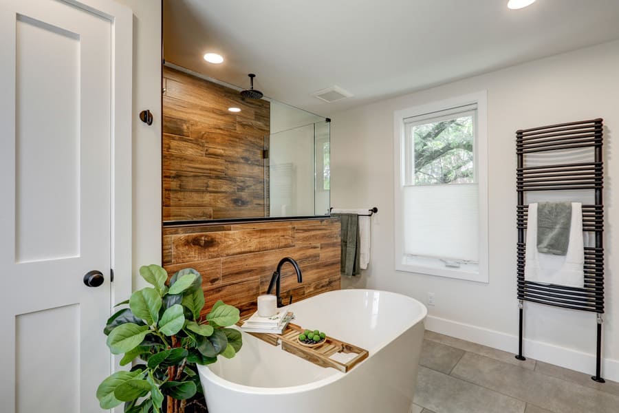 freestanding tub and walk in shower in Lancaster Bathroom Remodel 