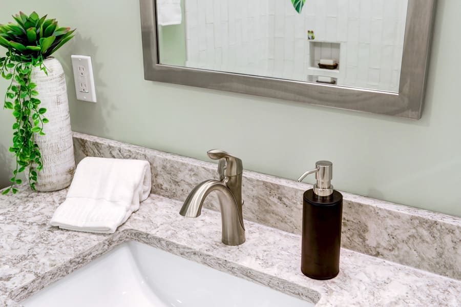 brushed nickel faucet and quartz countertop in Rohrerstown Bathroom Remodel