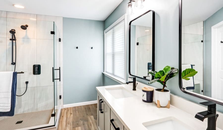 Lancaster bathrooms remodel with matte black fixtures