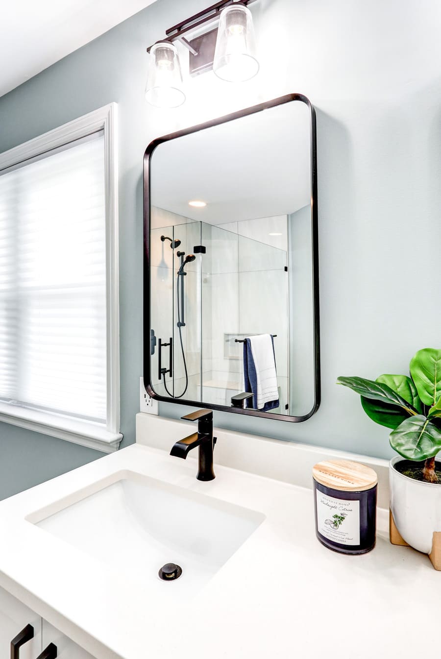 matte black framed mirror in Lititz primary bathroom remodel 