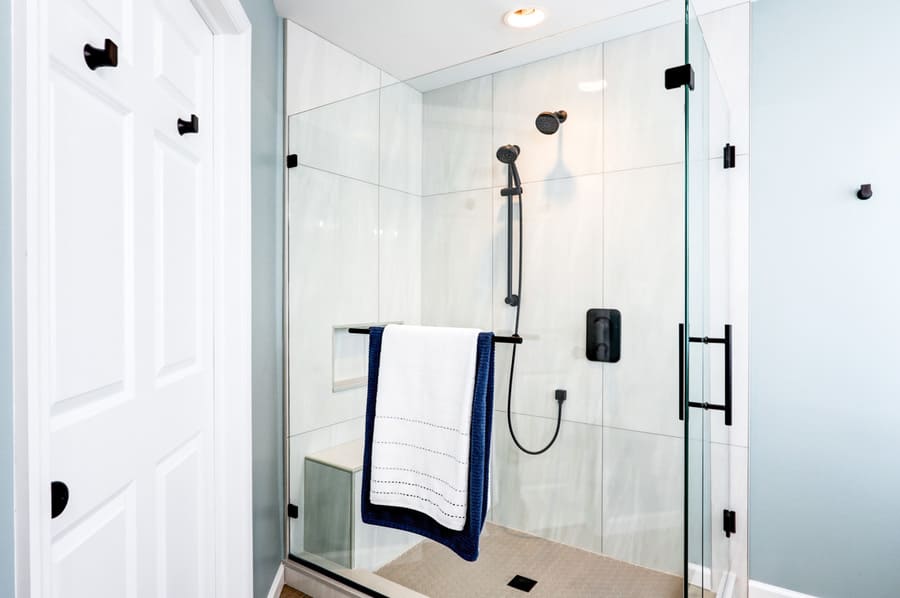 custom glass shower surround in Lititz primary bathroom remodel 