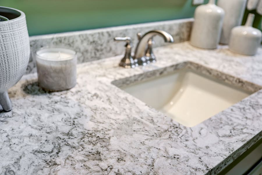 quartz countertop and brushed nickel finishes in Centerville Kids Bathroom Refresh