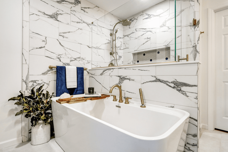 Freestanding tub in Lancaster bathroom remodel