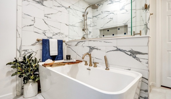 Freestanding tub in Hempfield bathroom remodel