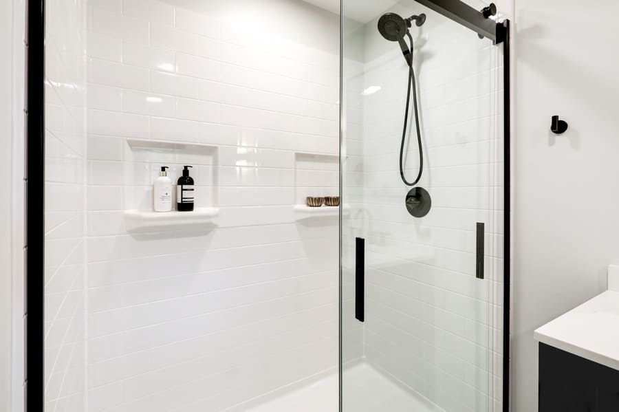 tile shower surround with niches Manheim Township Primary Bathroom Remodel 
