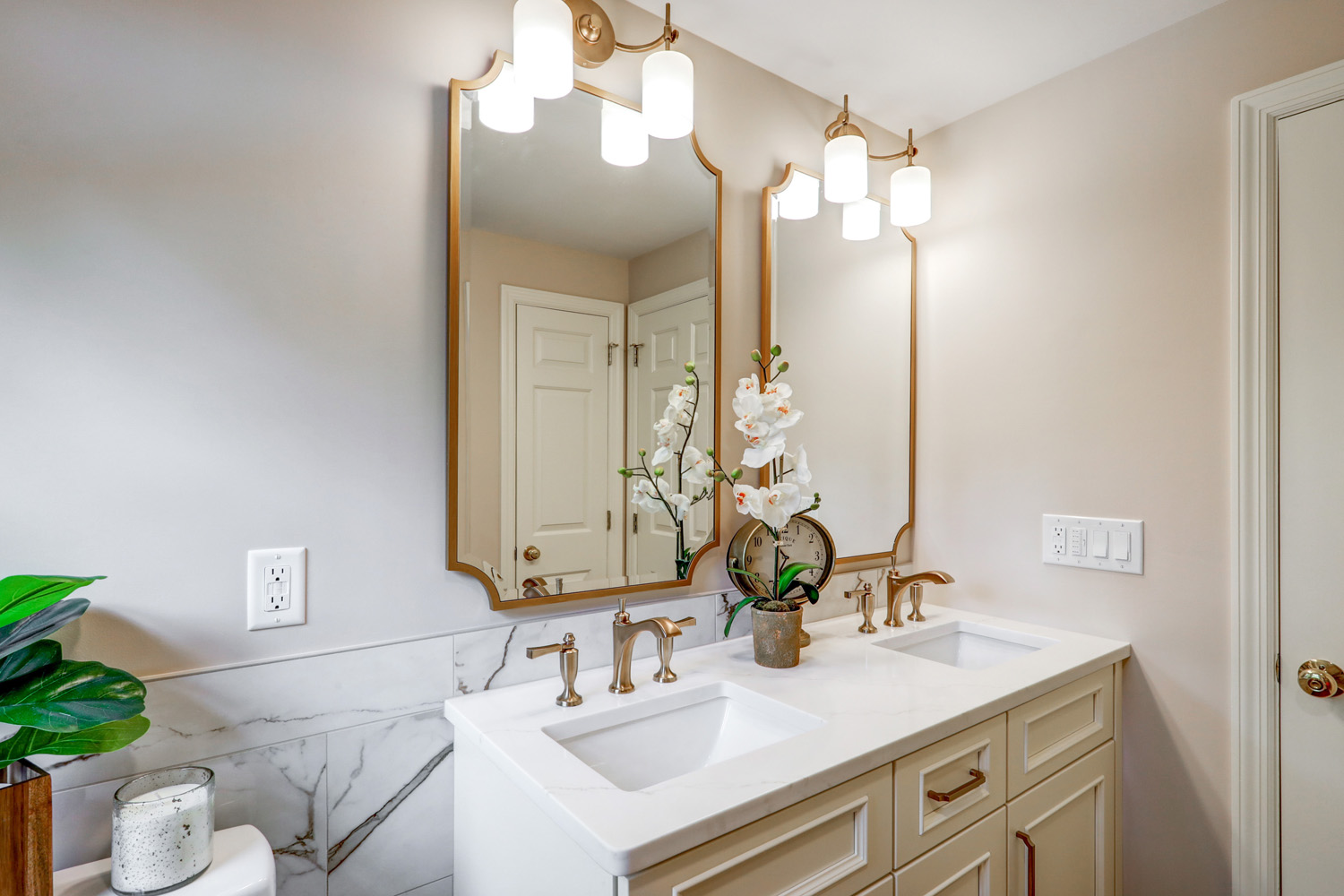 Manheim Township Master Bathroom Remodel with double vanity and champagne bronze accessories 