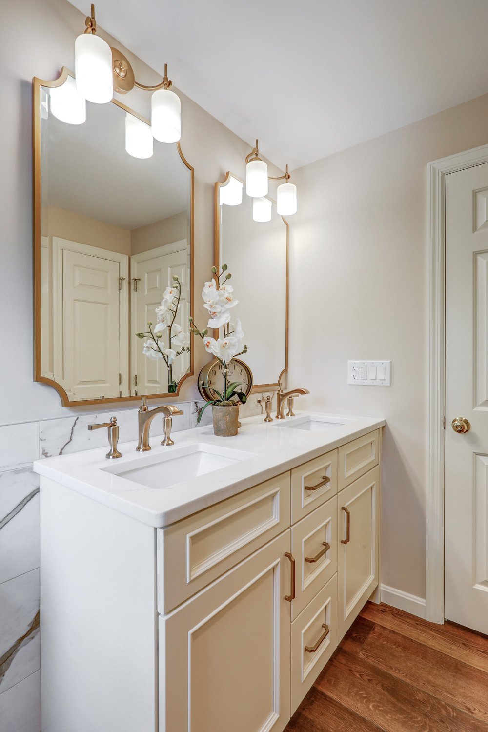 Manheim Township Master Bathroom Remodel with custom vanity and champagne bronze fixtures