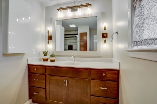 Vanity and wall sconces in Manheim Township master bathroom remodel