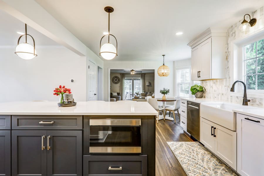 Lititz kitchen remodel with dark blue island cabinets