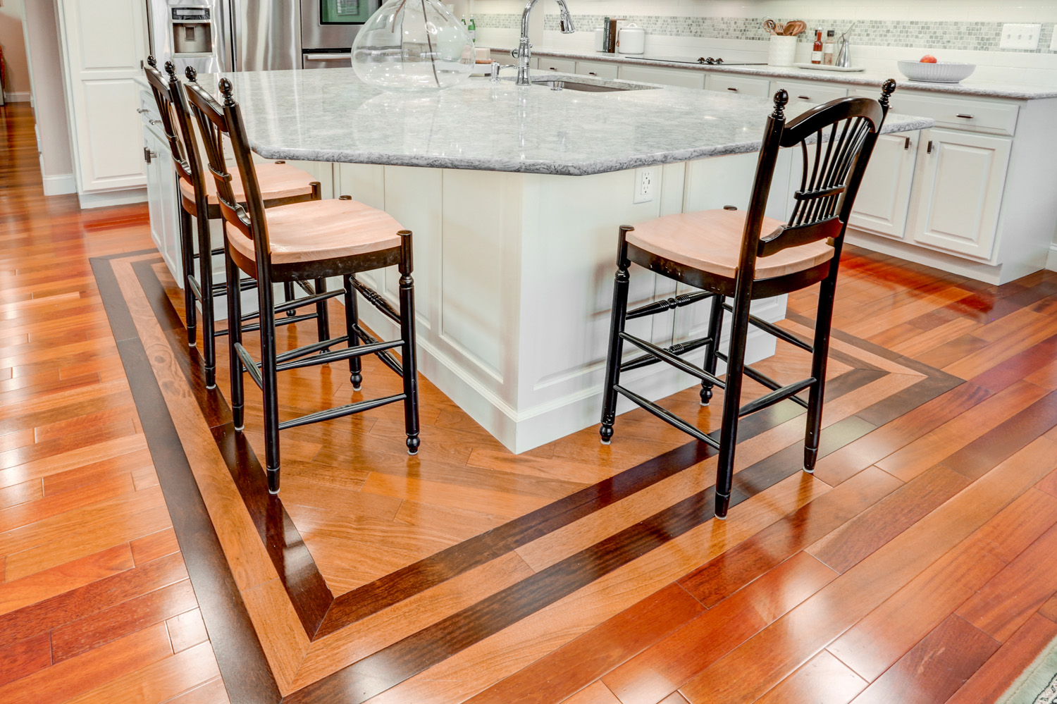 Brazilian Cherry and walnut hardwood in picture frame style in Centerville Kitchen Remodel