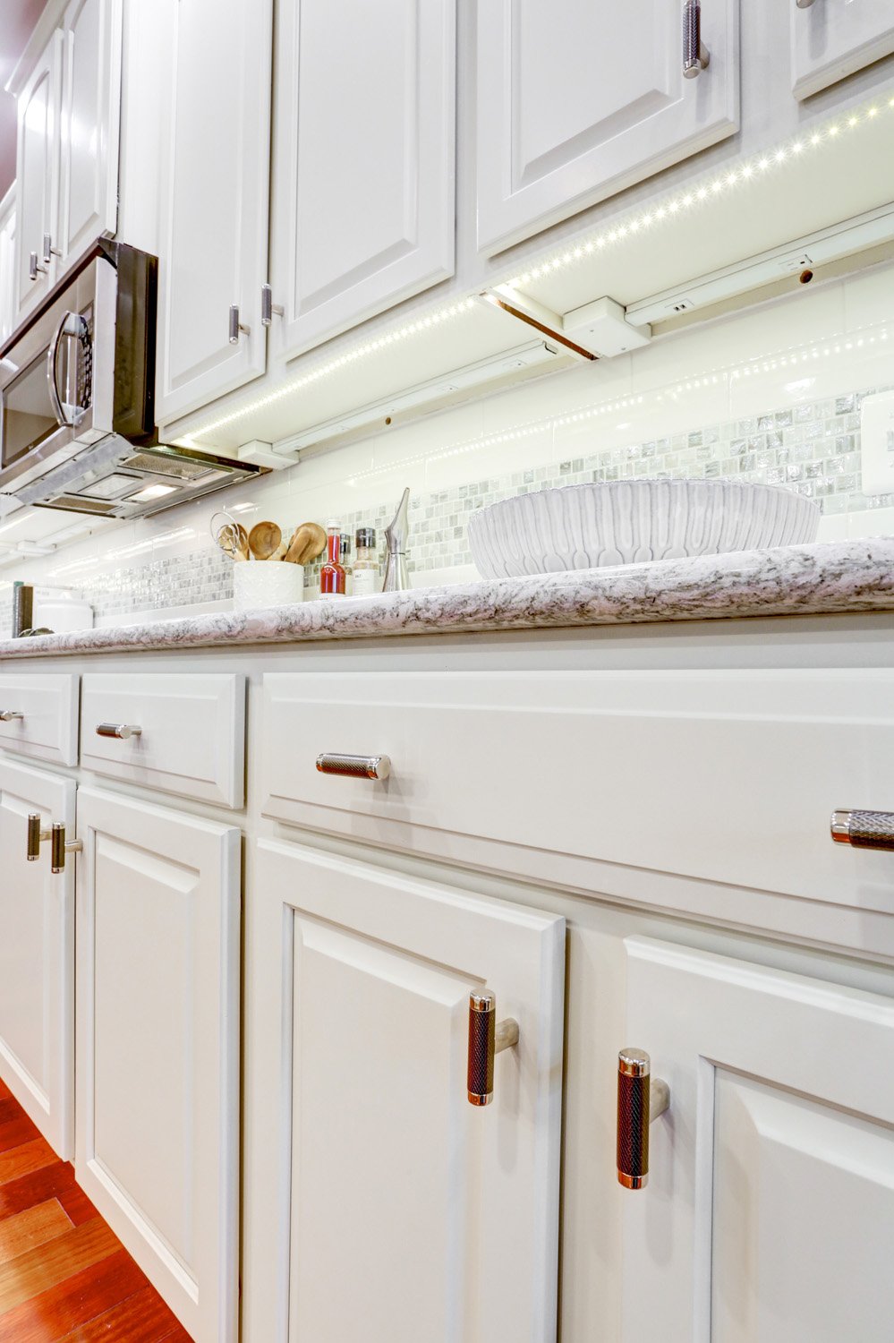 White cabinets with drawer pulls in Centerville Kitchen Remodel