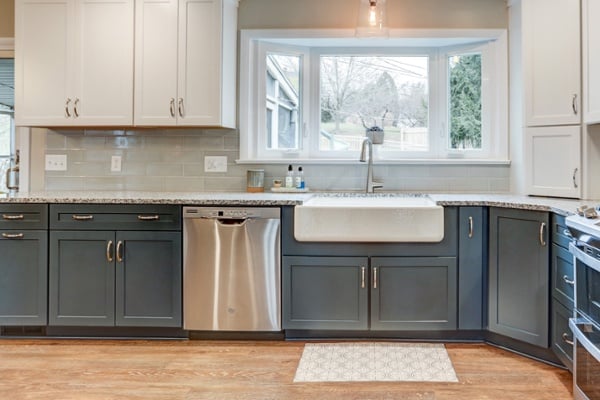 Blue base cabinets in Lititz kitchen remodel