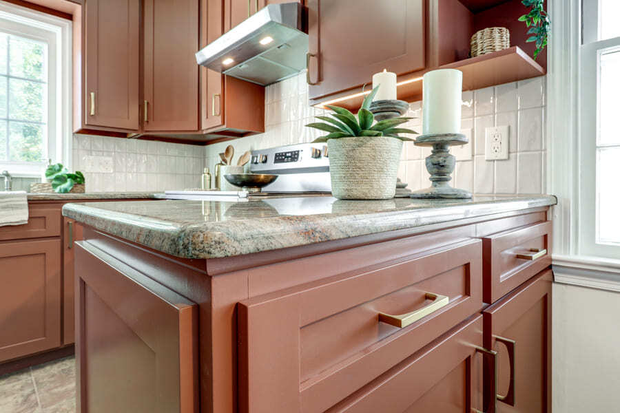cherry cabinets and gold hardware in Lancaster Kitchen Refresh