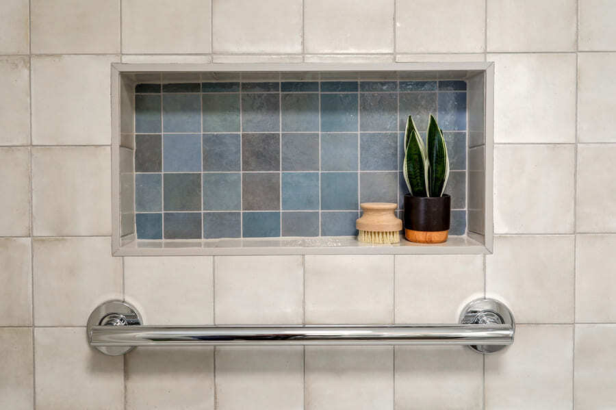 blue tile shower niche in Lancaster primary bathroom remodel
