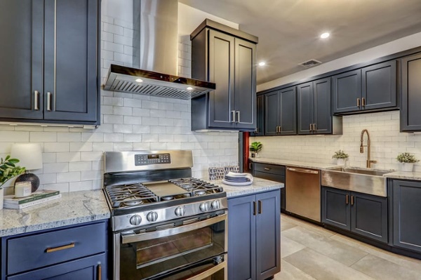 Mount Joy Kitchen remodel with blue cabinets and stainless steel appliances