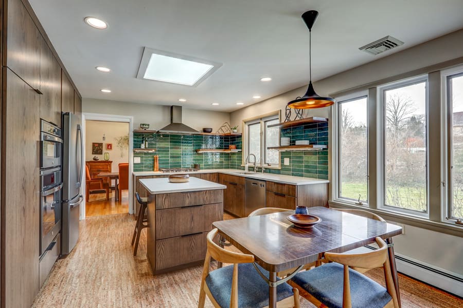 Manheim Township Kitchen Remodel with green backsplash and cork floors