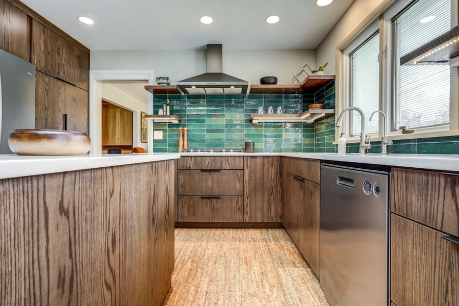 flat panel cabinets and green backsplash in Manheim Township Kitchen remodel 
