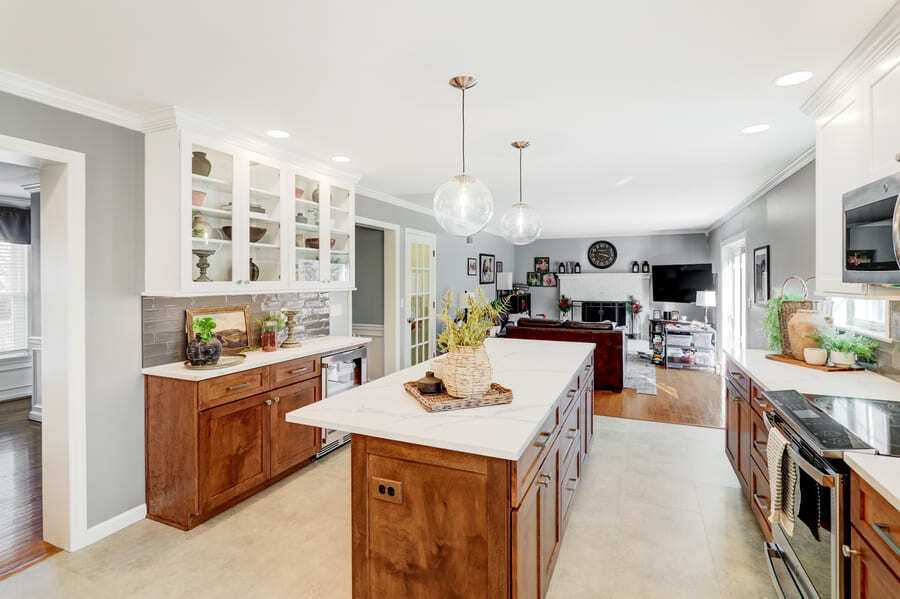 Lititz Kitchen Remodel Before with brown cabinets and quartz countertops