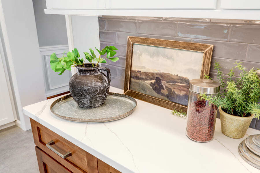 quartz countertop and gray backsplash in Lititz Kitchen Remodel 