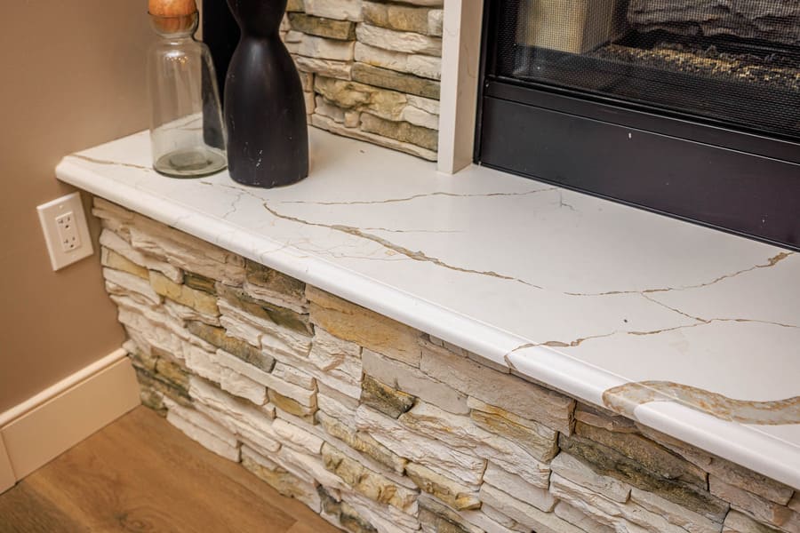 stone fireplace surround with quartz hearth in Lititz Kitchen Remodel