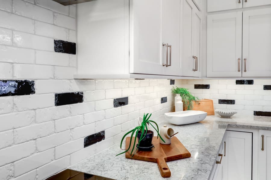 white and blue tile backsplash in Lancaster kitchen remodel 