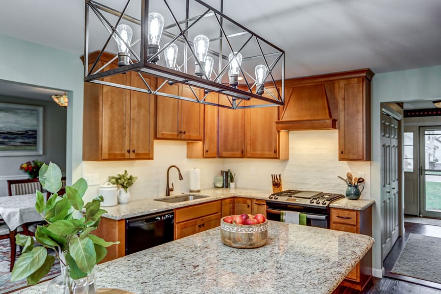 Matt Black Pendant Light above island in Hempfield Kitchen Remodel