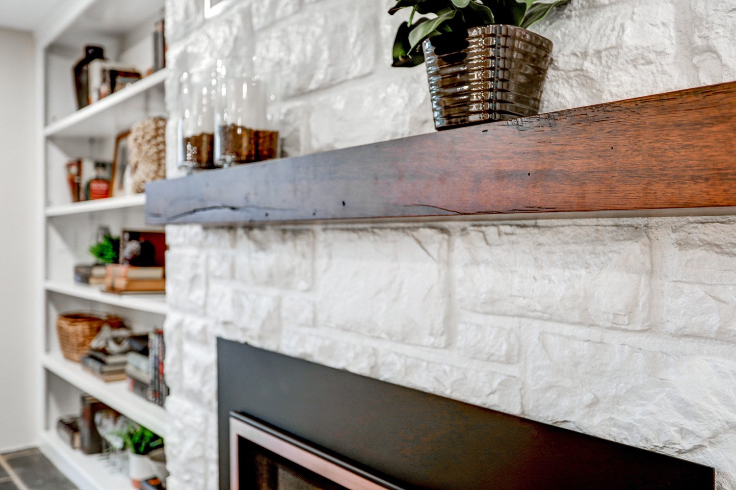 fireplace mantle in leola family room remodel