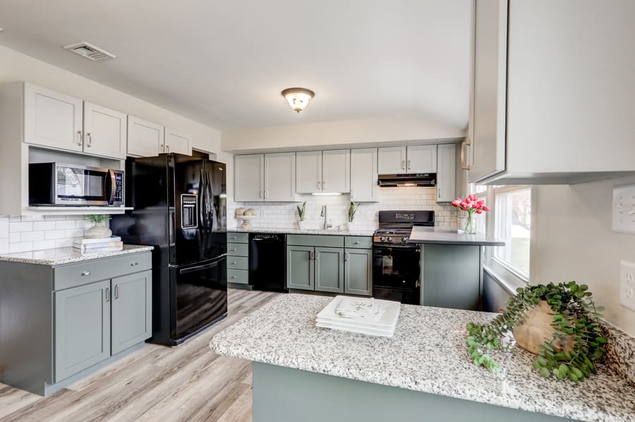 Green base cabinets in Lancaster kitchen remodel