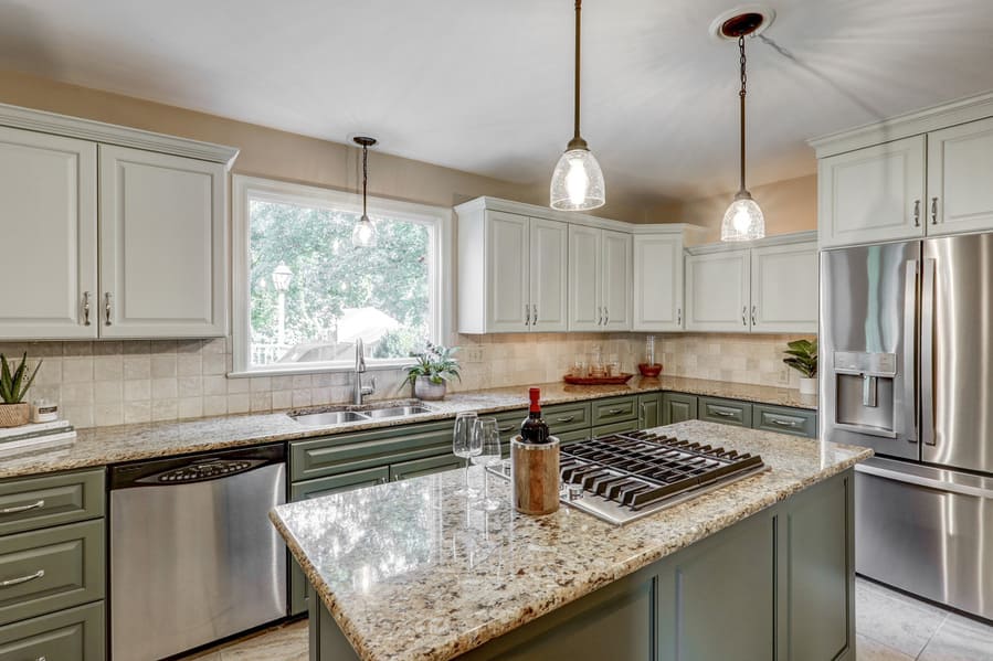 Green base cabinets in Lancaster kitchen remodel