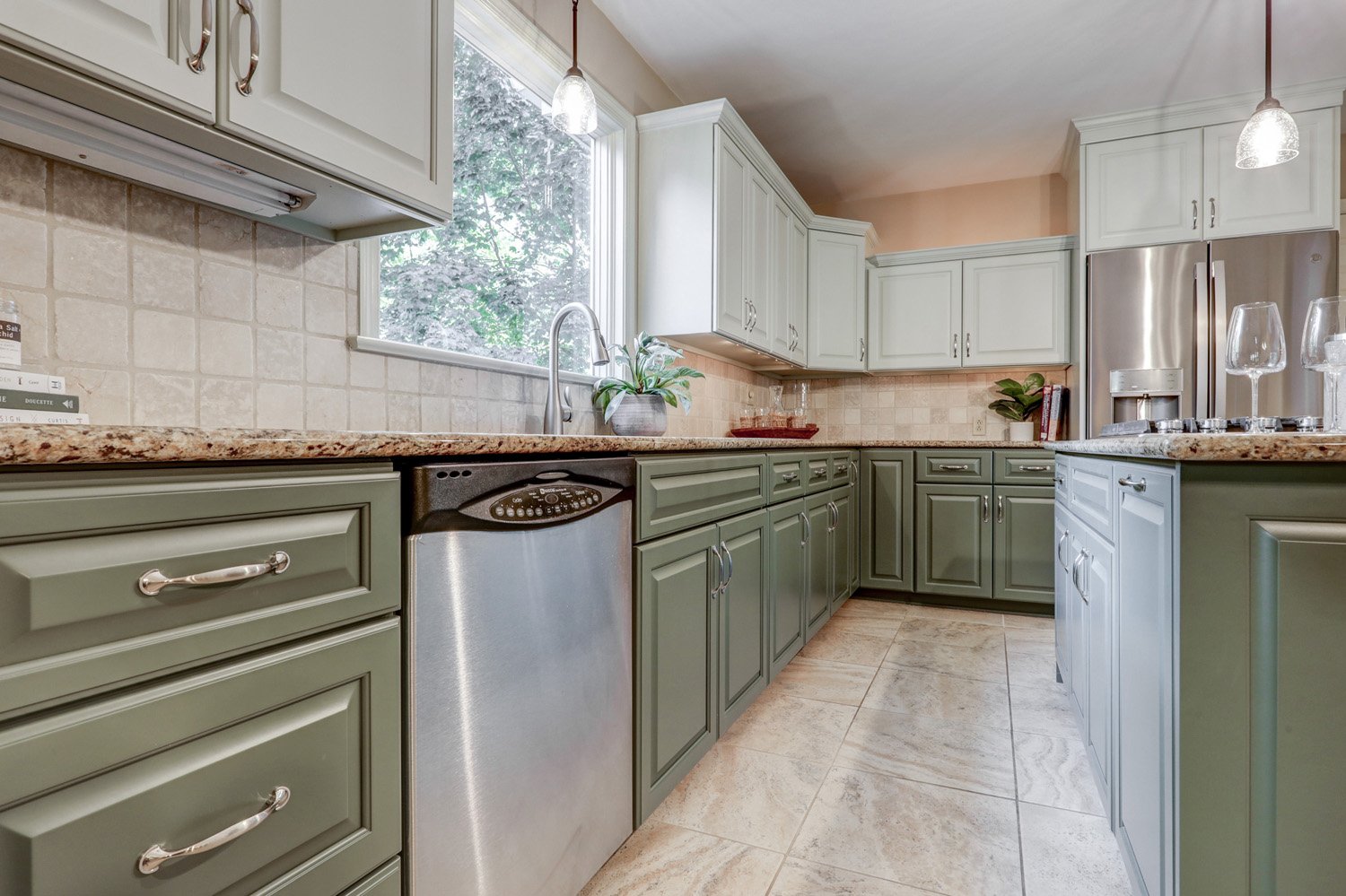 green lower cabinets in Lancaster kitchen facelift