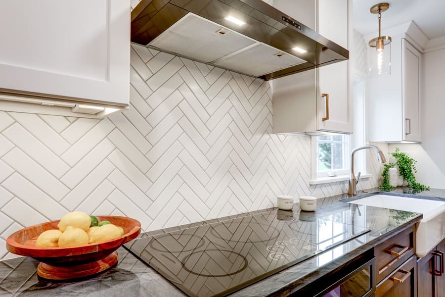 herringbone tile backsplash in Manheim Township Kitchen Remodel