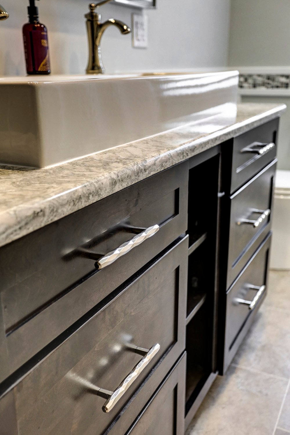 Dark cabinets with brushed nickel hardware in Roseville Master Bathroom Remodel