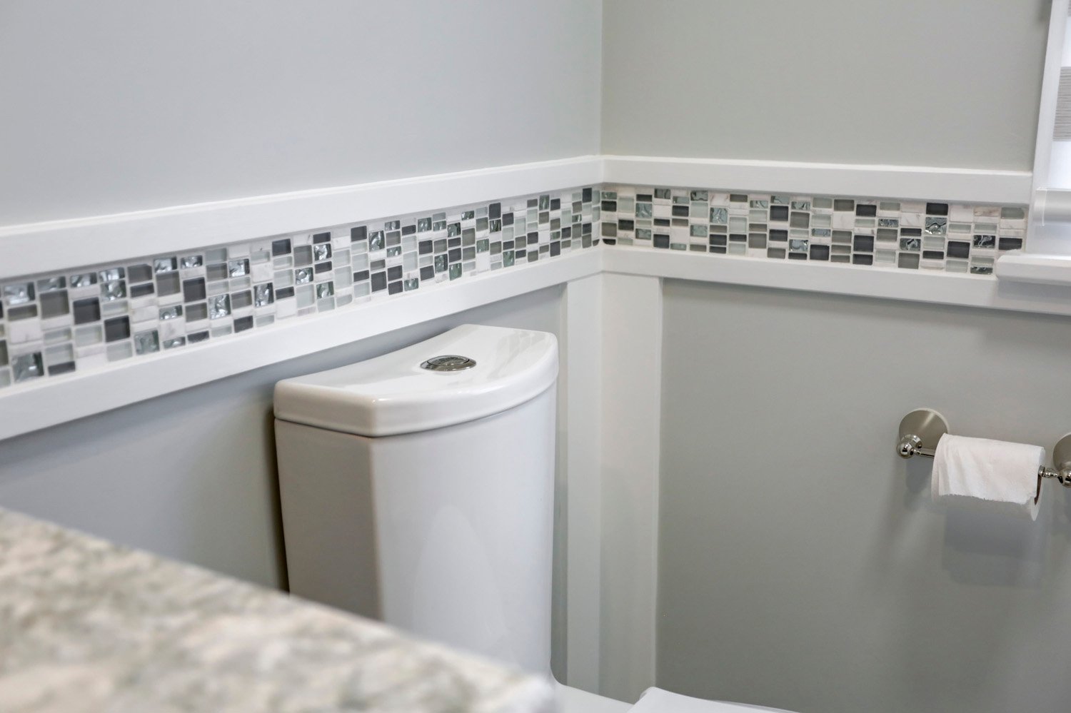 Gray Tile backsplash in Roseville Master Bathroom Remodel