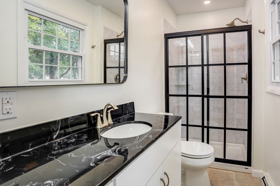 Farmhouse shower door in Lancaster bathroom remodel