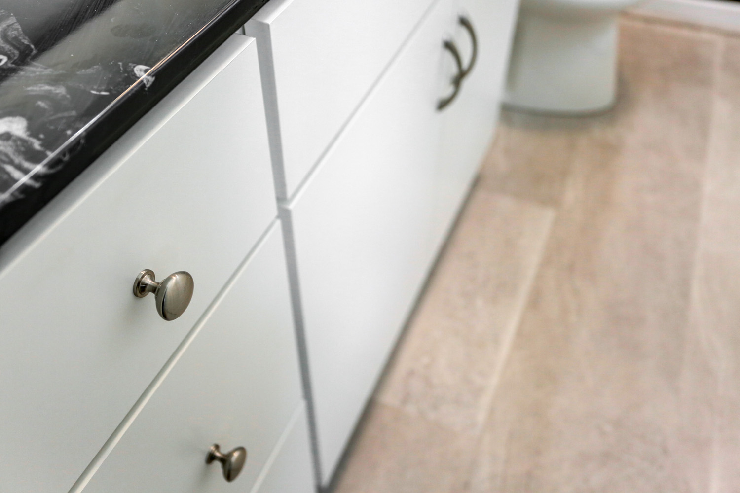 Brushed Nickel hardware in Bloomingdale Master Bathroom Remodel