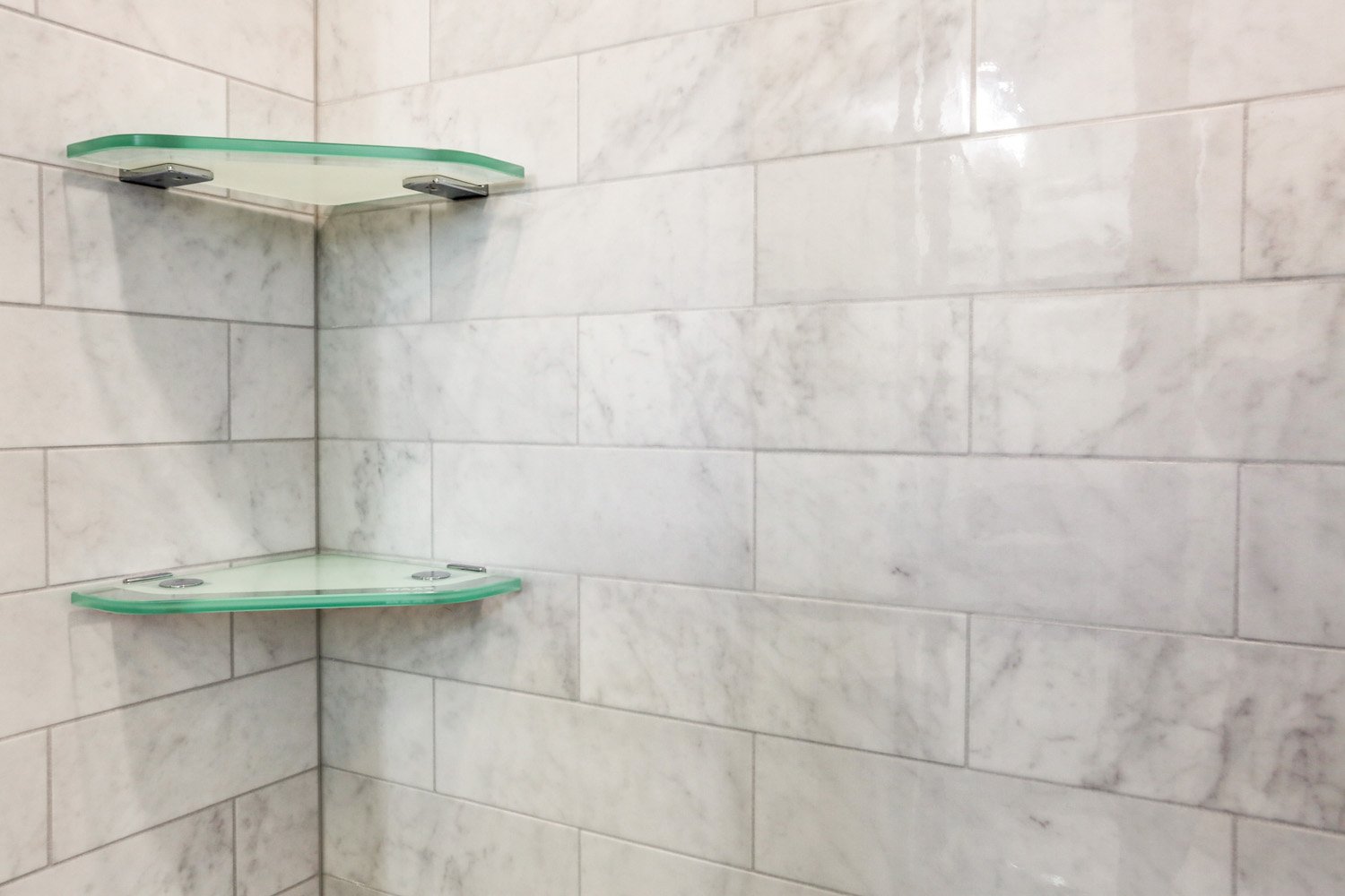Tiled shower walls with glass shelves in Bloomingdale Master Bathroom Remodel