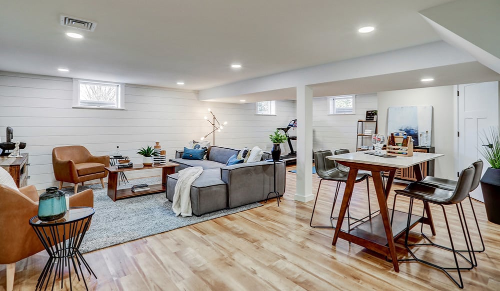 Lancaster finished basement with seating area and home gym